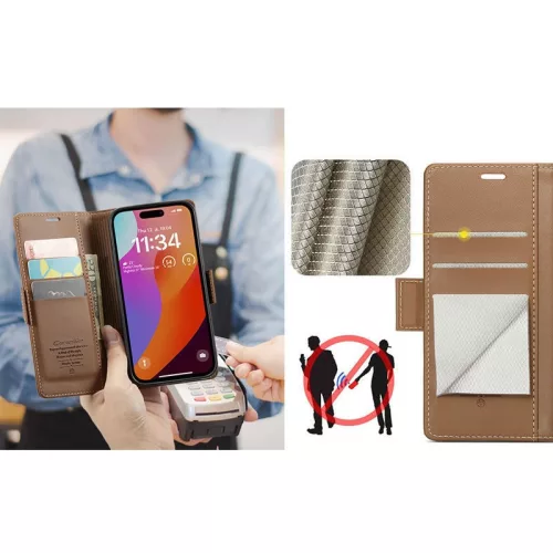 Samsung Galaxy S25 Plus SM-S936, Oldalra nyíló tok, stand, kártyatartóval, RFID technológiával, Wooze CaseME, barna
