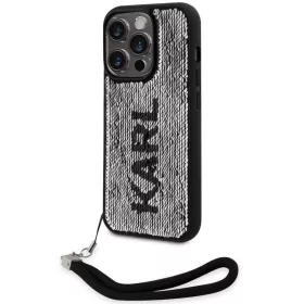   Apple iPhone 13 Pro, Műanyag hátlap védőtok + szilikon keret, színváltós hátlap, kézpánttal, Karl minta, Karl Lagerfeld Sequins Reversible, ezüst/fekete