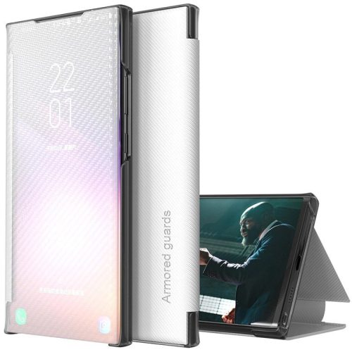 Samsung Galaxy M31 SM-M315F, Oldalra nyíló tok, stand, hívás mutatóval, kevlár minta, Wooze Smart View Cover Carbon, fehér