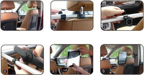 Autós tartó, Univerzális, Tablet PC tartó, 7 - 11 coll, két ülés közé a fejtámlára szerelhető, 360°-ban forgatható, teleszkópos nyél, ezüst