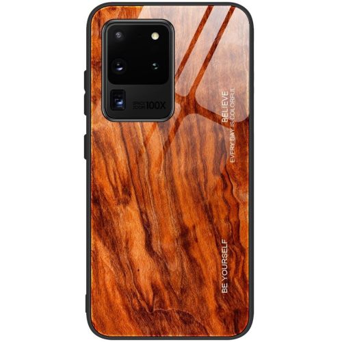 Xiaomi Redmi 8A, Szilikon védőkeret, edzett üveg hátlap, fa minta, Wooze Wood, rozsdabarna