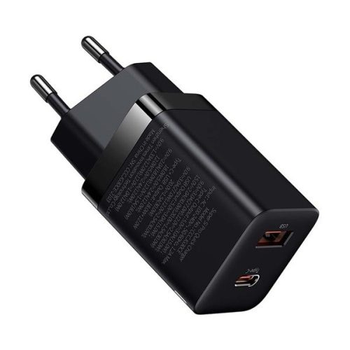 Hálózati töltő adapter, 30W, USB aljzat, USB Type-C aljzat, gyorstöltés, PD 3.0, QC 3.0, Baseus Super SI Pro, fekete