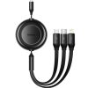 USB töltő- és adatkábel 3in1, USB Type-C, Lightning, microUSB, 110 cm, 3500 mA, gyorstöltés, lapos, feltekerhető, Baseus Bright Mirror 2, CAMJ010001, fekete