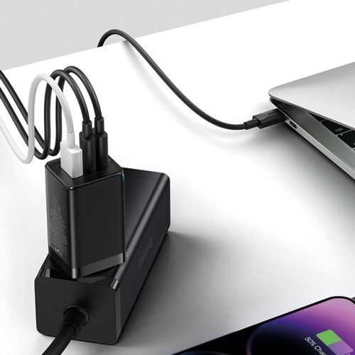 Hálózati töltő adapter, 65W, USB aljzat, 2 x USB Type-C aljzat, USB Type-C - USB Type-C kábellel, gyorstöltés, PD 3.0, QC 3.0, GaN5, Baseus GaN5 Pro, fekete