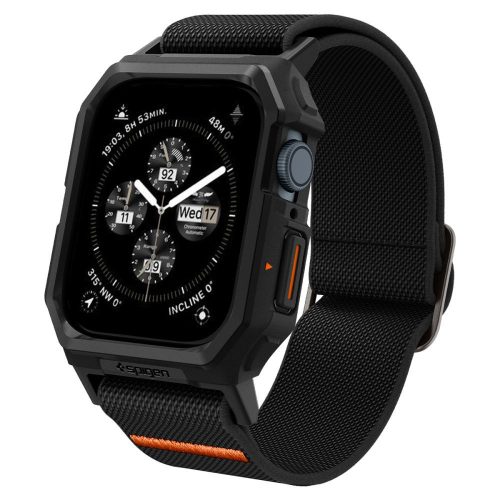 Apple Watch 4-6, SE, SE (2022) (44 mm) / Watch 7-9 (45 mm), textíl pótszíj, szilikon keret, közepesen ütésálló, Spigen Lite Fite Pro, fekete