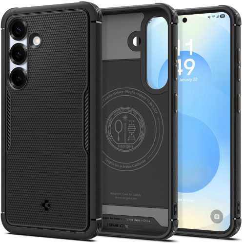 Samsung Galaxy S25 Plus SM-S936, Szilikon tok, Magsafe töltővel kompatibilis, pöttyös minta, Spigen Core Armor Mag, fekete