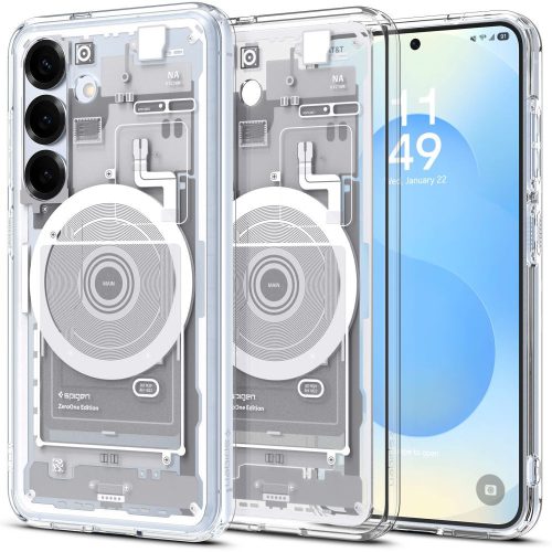 Samsung Galaxy S25 SM-S931, Műanyag hátlap védőtok + szilikon keret, Magsafe töltővel kompatibilis, Telefon belső minta, Spigen Ultra Hybrid Zero One Mag, átlátszó/fehér