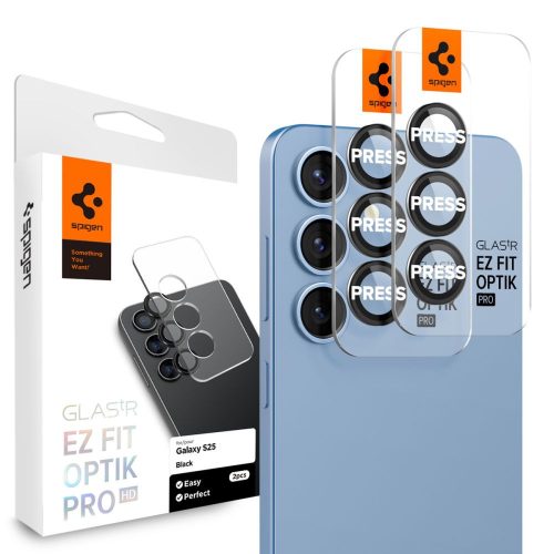 Samsung Galaxy S25 Plus SM-S936, Kamera lencsevédő fólia, ütésálló fólia, Tempered Glass (edzett üveg), Spigen Glastr Ez Fit Optik Pro HD, fekete, 2 db / csomag