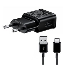   Hálózati töltő adapter, 5V / 2000mA, USB aljzat, USB Type-C kábellel, gyorstöltés, Samsung, fekete, gyári