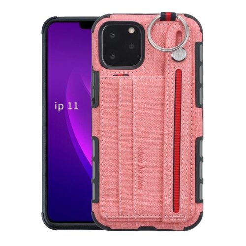 Apple iPhone 11 Pro, Szilikon tok, közepesen ütésálló, stand, textil hátlap, felakasztható, kézpánttal, rózsaszín