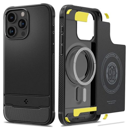 Apple iPhone 15 Pro, Szilikon tok + műanyag hátlap, közepesen ütésálló, Magsafe töltővel kompatibilis, karbon minta, Spigen Rugged Armor Mag, fekete