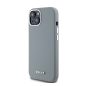 DKNY Liquid Silicone Silver Metal Logo Magsafe iPhone 15 hátlap tok, szürke