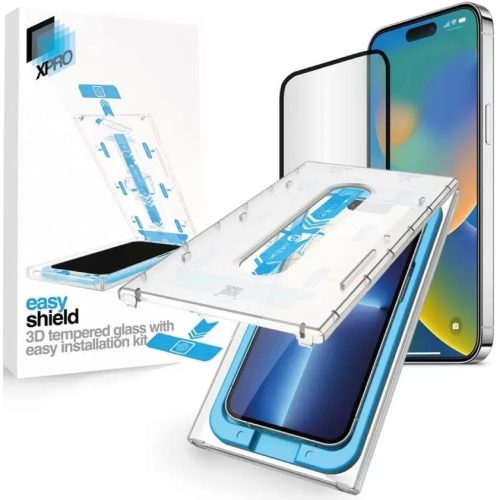 Apple iPhone 14 Pro, Kijelzővédő fólia, ütésálló fólia (az íves részre is!), Tempered Glass (edzett üveg), felhelyező készlettel, Xprotector Eady Shield 3D, fekete